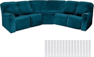 7 Pcs L Shape Sectional Recliner Sofa Covers 5 Seat Sectional Couch Covers Milk Silk Velvet Stretch Reclining Sofa Cover Sofa Slipcover Furniture Protector for Living Room (Deep Teal,Velvet)