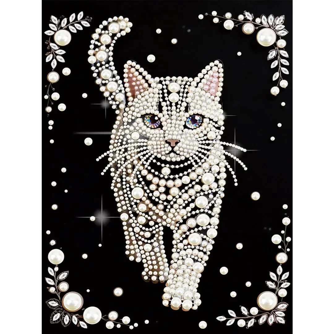 DIY Half Pearl Water Diamond Cat Pattern Diamond Painting Set (Adult Version) Handmade 15.7x11.8-inc