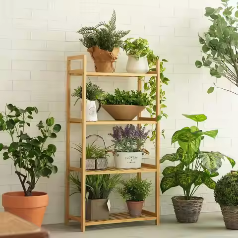 4Tier Bamboo Plant Shelf Indoor, Tall Plant Stand for Multiple Plants, Adjustable Storage Shelving U