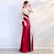 Evening Dress Gowns Low Cut Empire Waist Highly Split Flared Maxi Dresses With Deep V-Neck