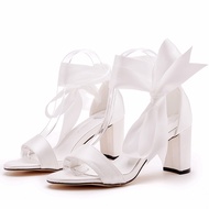7cm Block Heel Shallow Mouth Strap Sandals Round Toe Square Root Sandals Beige Satin Cloth Bridal We