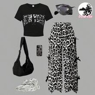 Tween Girls Everyday Casual Black Short Tee And Leopard Print Pants Co-Ords With Bow Detail On Pants
