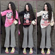 WOMEN'S SET, BIGSIZE SET, CAT FLARE SET WITH STRIED PANTS WITH STRETCHED PANTS