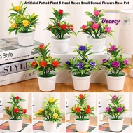 UECECY 5 Head Roses, Plastic 12*17cm Artificial Potted Plant, High Quality 6 Colors Simulated Tree O