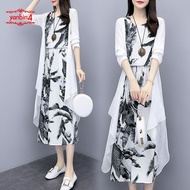 JS Women's Clothing Medium - long print dress art cotton linen two - piece match Plus Size Dress Lab