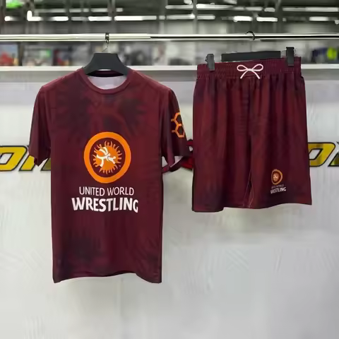 2026 New Burgundy Retro Style World Wrestling Sports Suit, Unisex, Quick-Drying Short-Sleeve Shorts,