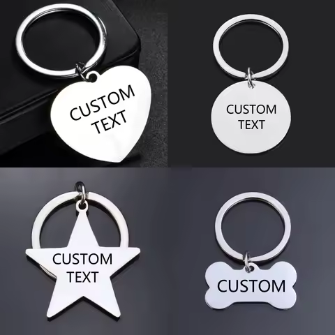 Customized Text Stainless Steel Metal Keychain with Text Symbol Logo Design and Various Shapes Keych