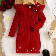 Young Girls Autumn/Winter Back To School Casual Fashion New Knitted Ribbed Brushed Fabric Red Solid 