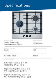 Bosch PCC6A5B90 Built In  Gas Stainless Steel Hob 3 gas burners ,60cm width,Cast iron pan support,electric ignition,suitable for LPG gas only.2 years local warranty