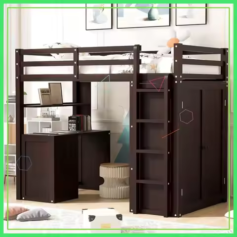 Twin Loft Bed with Desk, Wardrobe & 3 Drawers - Solid Wood Frame, Safety Guardrails, Space Saving fo