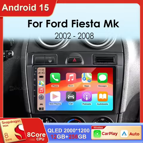 Android 15 For Ford Fiesta Mk VI 5 Mk5 2002 - 2008 Wireless CarPlay Auto Car Radio GPS WiFi 4G 8Core