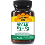 Country Life Vegan D3 + K2 – 5000 IU Vitamin D3 & 100 mcg MK-4 & MK-7 | Supports Bone, Immune, Colon