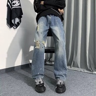 S-XXXL Korean Style Fashion Men's Straight Cut Ripped Wide Leg Jeans Vintage Spotted Printed Baggy S