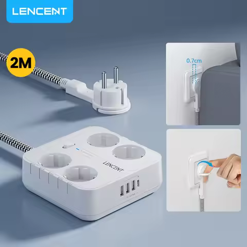 LENCENT EU Plug Power Strip with 4 AC + 3 USB + 1 Type C 2M/3M Braided Cable 700J Surge Protection S