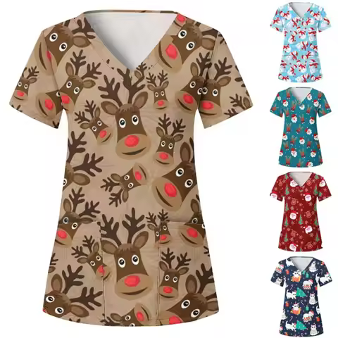 Christmas Pharmacist Dentist Veterinary Nurse Tops Slim Xmas Print Beauty Nurse Scrubs Clothes Beaut