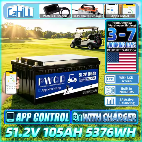 US Stock APP Control 48V 105ah Lifepo4 Battery Pack 3A Active Balancing 5736WH With Charger LCD Scre