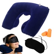 Inflatable Travel Flight Pillow Neck U Rest Air Cushion+ Eye Mask + Earplug