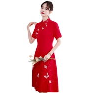 Elegant Wedding Modern Qipao Womens Red Dress Flower Butterfly Embroidery New Chinese Traditional Cl