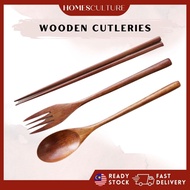 Japanese Style Wooden Nanmu Spoon Fork Chopstick Set Wooden Dinnerware Set Sudu Garfu Chopstick Kayu