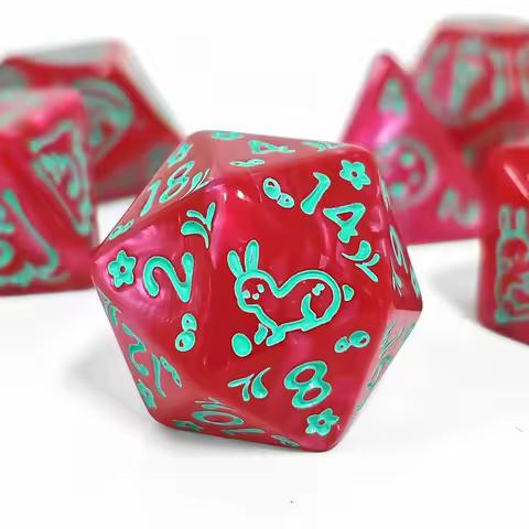 7Pcs Ruby Red Marbled Bunny Polyhedral Dice, Acrylic D&D Dice, Easter Holiday Gift Dice for MTG Tabl