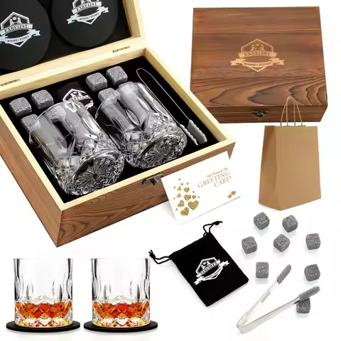 Whiskey Stones & Glasses Set, Granite Ice Cube For Whisky, Whisky Chilling Rocks In Wooden Box, Best