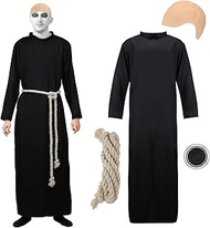 Set of 4 Halloween Black Uncle Fester Costume Set with Tunic Hooded Robe Cord Belt Latex Bald Cap Ma