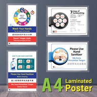 Hand Washing Awareness A4 Laminated Poster Wash Hand Reminder Use Hand Sanitizer SOP Covid 19 preven