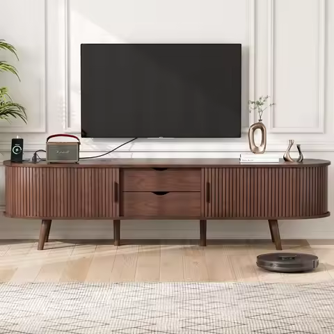 69 Mid Century Modern TV Stand with Power Outlet, Farmhouse Curved Edge TV and Media Console Table w