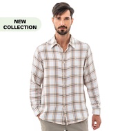 camel active Men Long Sleeve Shirt in Regular Fit with Checkered in Olive Cotton Double Face 103-SS23H1775