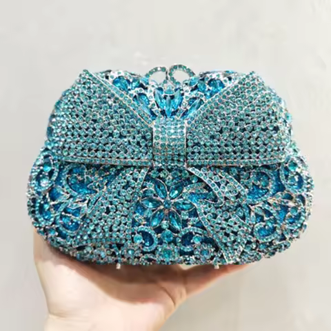 Rhinestone Evening Bag Blue/Fuchsia Big Bow Clutches Black Bags Crystal Party Dinner Purses Cocktail