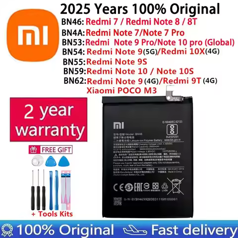 Battery for Xiaomi Redmi,100% Original, BN46,BN4A,BN53,BN54,BN55,BN59,BN62, 7, 9T,10X,POCO M3,Note 7