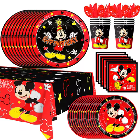 141 Pcs Mouses Party Tableware Set - Mickey Mouse Birthday Plates Cups Napkins Tablecloth etc Mickey