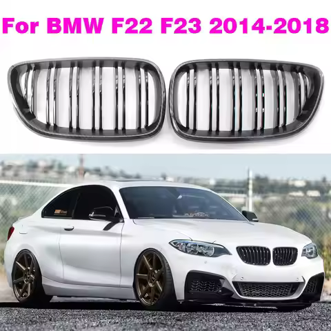 Carbon Fiber Color Dual Slat Front Hood Kidney Grilles Grill Compatible For BMW F22 F23 M2 2014-2018