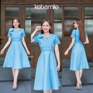 Kety Smile ชุดเดรสผ้าทอลายสิริวชิราภรณ์ แต่งโบว์ไหล่1ข้าง แขนกระบอก กระโปรงบาน ทรงย้วย อัดกาวทั้งชุด