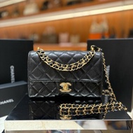 【現貨｜快速出貨】CHANEL 25P 黑色魚子醬牛皮雙鏈口蓋包 22cm｜經典金鍊｜Caviar皮 全新