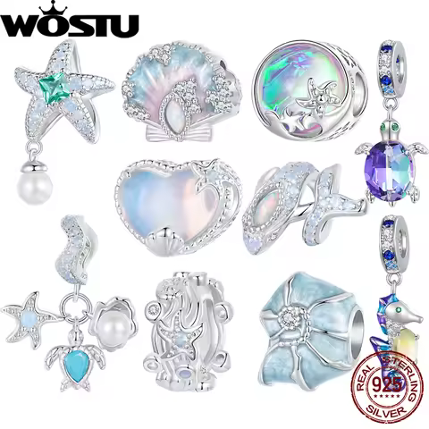 WOSTU 925 Sterling Silver Blue Ocean Charm Dreamy Sea Animals Beads Nano Opal Shell Pearl Fit DIY Br