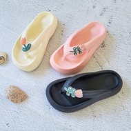 3色 小花防水厚底拖鞋 人字拖 夾腳拖 厚底拖鞋 - 米黃 / 粉 / 黑