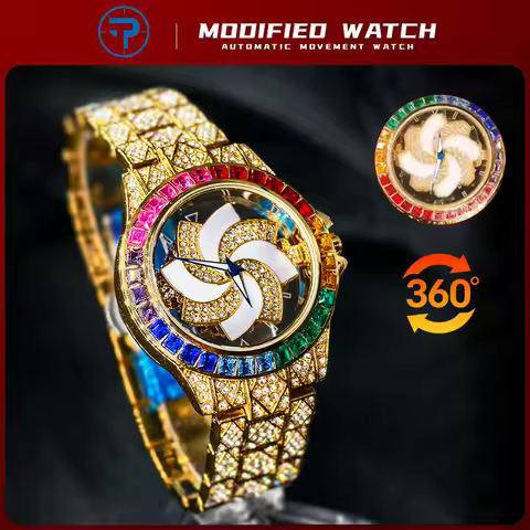 Original Luxury Green Ice Crystal Men Watch Stylish Rotating Dial Stainless Steel Quartz Watch Hip-H
