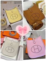 正品全新Hermes Mini  Evelyne 金棕金扣/櫻花粉銀扣/奶油白銀扣