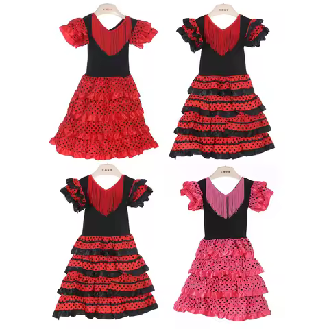 Girls Dress Beautiful Spanish Flamenco Dancer Costume Childrens April Sevilla Performances Dance Out