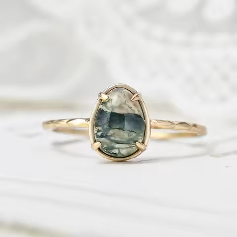 LAMOON Natural Green Moss Agate Ring For Women Vintage Gemstone Rings 925 Sterling Silver Gold Plate