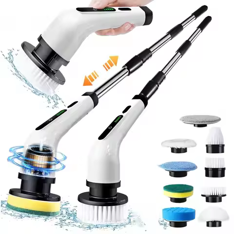2026 Electric Spin Scrubber Rechargeable Cleaning Brush 9 Heads 2-Speed Adjustable Extension Handle