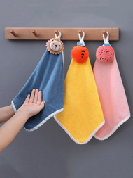 1入卡通掛式手巾，適用於家居，麵料親膚，加厚吸水，速乾手巾，珊瑚絨手巾適用於洗手間