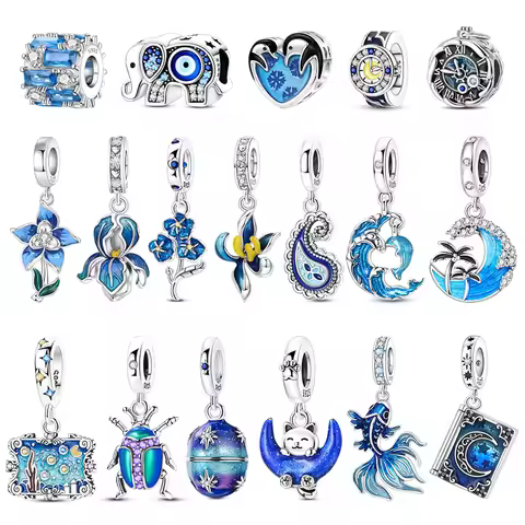 High Quality 925 Sterling Silver Blue Floral Starry Sky Wave Beetle Book Charm Fit DIY Bracelet Neck