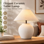【In Stock】SANDYHA Ceramic Table Lamp Vintage Black and White Wabi-Sabi Fabric Lampshade LED Desk Lam