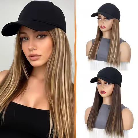 18Inch Synthetic Baseball Cap Wig With Black Hat Long Straight Hair Wigs for Women Connect One Piece
