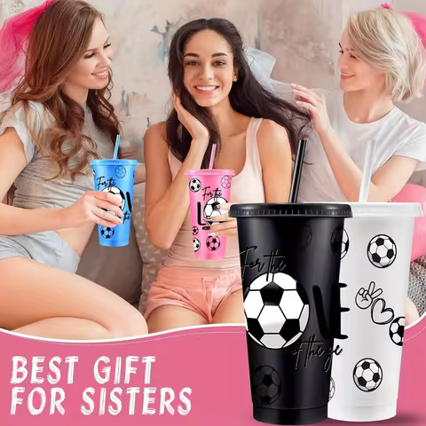 10pcs 26oz Football Theme Colorful Plastic Cups, Leak-proof Cup with Lid and Straw, Vibrant Football
