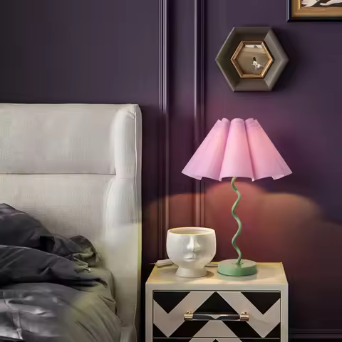 Purple Funky Table Lamp with Pleated Lamp Shape, Sage with Purple Table Lamp Bedsidefor Nightstand, 