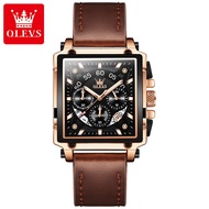 OLEVS Multifunction Quartz Waterproof Luminous Calendar Square Dial Leather Strap Mens Watch