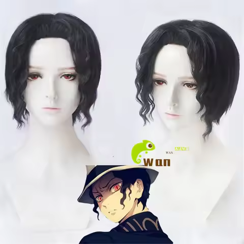Anime Kibutsuji Muzan Cosplay Wig Black Short Curly Wig Heat Resistant Synthetic Hair Mens Wigs + Wi
